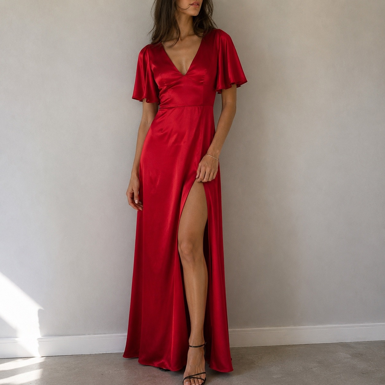 Galina Signature Red Satin Maxi Dress Flutter Sleeve Slit Formal Size 4 Nwt